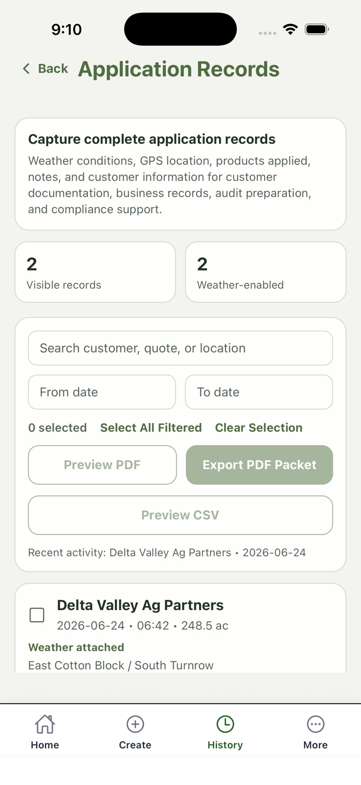 Spray Rate application records screen showing record counts, filters, export actions, and recent job activity.